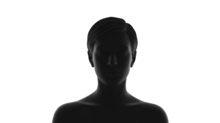 Mysterious dark silhouette of a human figure with short hair, facing forward against a solid dark transparent background, evoking anonymity. background removed
