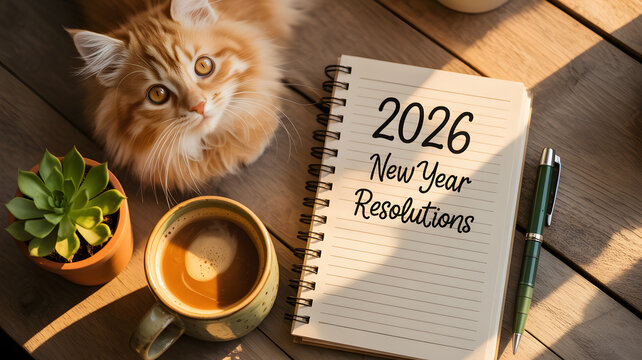 Ready for 2026 New Year resolutions with a cup of coffee and a cute cat looking up, capturing hopeful vibes for planning the year - Powered by Adobe