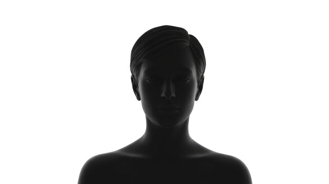 Mysterious dark silhouette of a human figure with short hair, facing forward against a solid dark transparent background, evoking anonymity. background removed