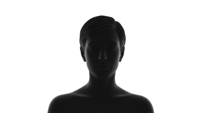 Mysterious dark silhouette of a human figure with short hair, facing forward against a solid dark transparent background, evoking anonymity. background removed - Powered by Adobe