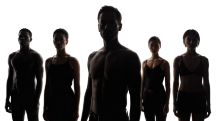 Silhouettes of five diverse individuals, three men and two women, stand powerfully against a transparent background, conveying unity, strength, and mystery. background removed