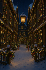 Snowy Nordic Christmas Bridge with Festive Trees and Cozy Wooden Houses