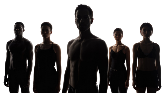 Silhouettes of five diverse individuals, three men and two women, stand powerfully against a transparent background, conveying unity, strength, and mystery. background removed