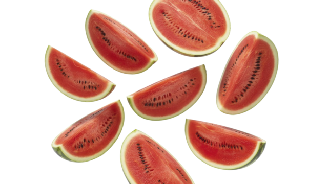 Vibrant red watermelon slices with black seeds scattered across a dark transparent background. Fresh, juicy fruit pieces arranged artistically. background removed