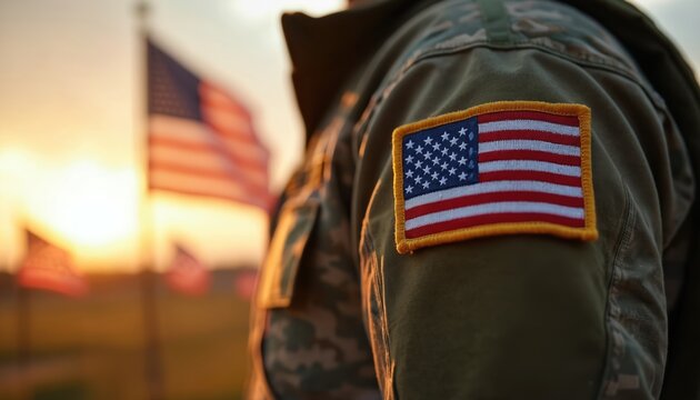 American soldier wears uniform with US flag patch on sleeve. Stand at sunset with multiple flags waving softly in background. Military person shows deep patriotism, honors nation, remembers veterans