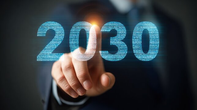Businessman touching 2030 digital screen, future technology concept.