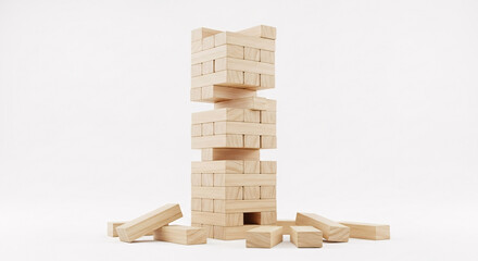 Tumbling tower game challenge showcasing strategic risk management and entertainment, perfect for illustrating balance, stability, and the consequences of decisions