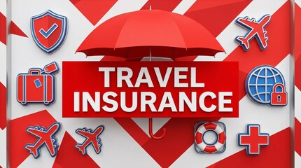 Travel insurance concept. ‘TRAVEL INSURANCE’ displayed under a protective red umbrella, emphasizing secure journeys and protection