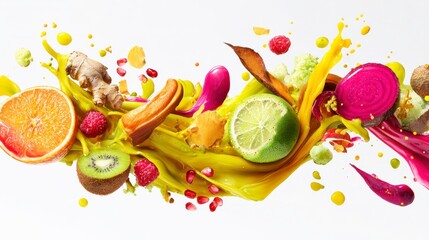 Colorful fruit and vegetable splash with orange, kiwi, lime, beetroot, ginger, and raspberry creating vibrant and fresh energy burst in dynamic composition