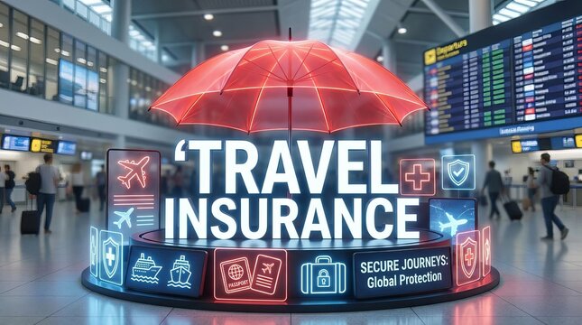 Travel insurance concept. &lsquo;TRAVEL INSURANCE&rsquo; displayed under a protective red umbrella, emphasizing secure journeys and protection