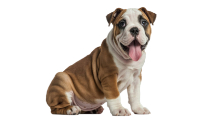 A cheerful brown and white bulldog puppy sits, tongue out, looking happily at the camera against a vibrant transparent background. background removed