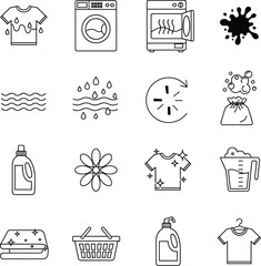 Laundry Washing and Cleaning Outline Icon Set Vector