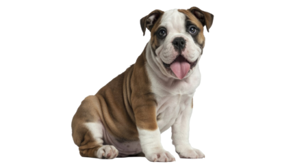 A charming bulldog puppy sits happily, featuring brown and white fur, a wrinkled face, and tongue out. An adorable canine companion. background removed