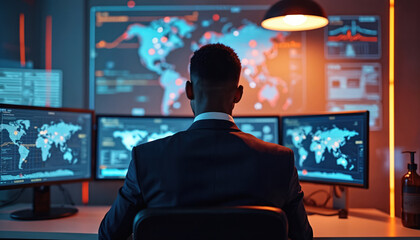 Man in suit monitors global data on multiple screens. He analyzes network activity, identifying digital threats in a command center. Analyst tracks real-time info, secure operations, dark web threats.