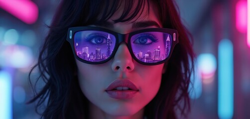 Woman with black hair wears purple tinted futuristic glasses reflecting a neon cityscape at night. Modern style with vibrant lights and a chic appearance.