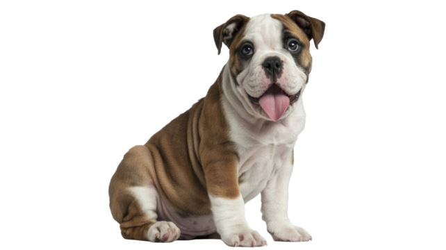 A charming bulldog puppy sits happily, featuring brown and white fur, a wrinkled face, and tongue out. An adorable canine companion. background removed