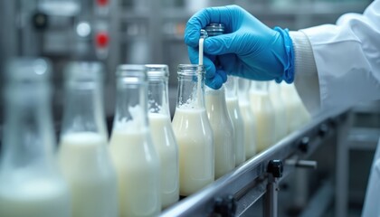 Worker in blue glove fills glass bottles with milk on automated production line. Dairy factory process ensures clean beverage bottling and quality control for consumers.