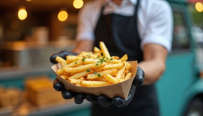 Food truck vendor in black apron, gloves holds fresh hot golden tasty french fries. Crispy potato sticks seasoned with herbs served in paper tray from food stall. Outdoor market chef offers delicious