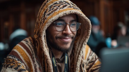 Fototapeta premium Smiling young man with glasses and hooded sweater immersed in work at a co-working space, radiating positive energy and focus in a modern setting