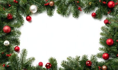 Christmas decorations with pine branches and red ornaments on a white background.