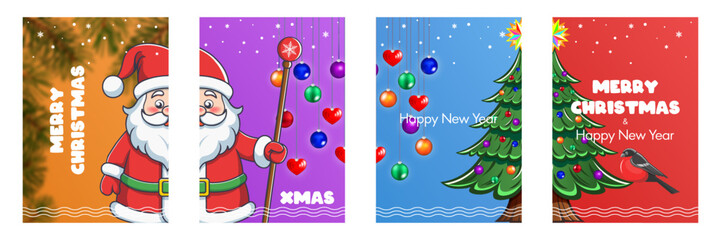 Vector set of holiday cards, posters and banners. Merry Christmas and Happy New Year. Cute cartoon Santa Claus with staff, festive glass balls, toon fir tree and bullfinch. Xmas and party