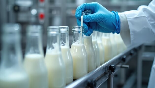 Worker in blue glove fills glass bottles with milk on automated production line. Dairy factory process ensures clean beverage bottling and quality control for consumers. - Powered by Adobe