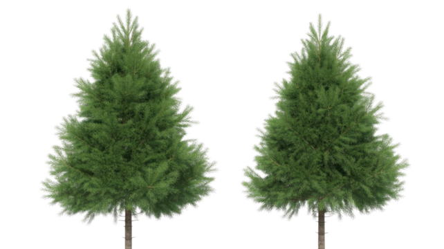 Two isolated green evergreen trees with dense foliage and conical shapes, ready for design projects. Perfect for winter or forest scenes. background removed