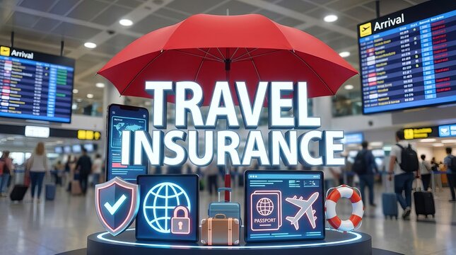 Travel insurance concept. ‘TRAVEL INSURANCE’ displayed under a protective red umbrella, emphasizing secure journeys and protection