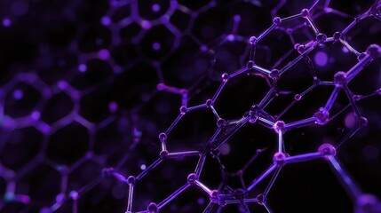 Stunning purple molecular structure with futuristic glow for science, technology and innovation concepts, perfect for backgrounds, presentations and cutting-edge designs