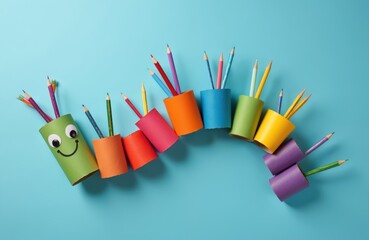 Craft made from toilet paper tubes and pencils on turquoise. Recycle tubes painted different bright rainbow colors. Kids fun creativity activity with school supplies on blue. DIY creative game.