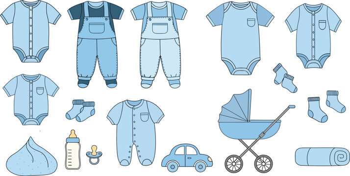 Collection of baby boy clothes and accessories in blue tones hand drawn style for baby shower invitations