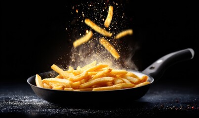 Golden fries being tossed in a black pan with sprinkled seasoning.