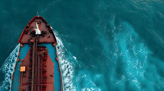 Aerial view of a ship sailing through turquoise ocean waters. Waves create white foam, while the vessel features red and blue coloring