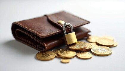 Wallet, golden padlock with bitcoin coins around. Represents secure digital assets. Coins show crypto security. Secure crypto trading, blockchain protection, financial technology innovations,