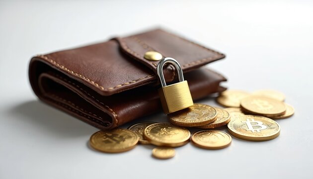 Wallet, golden padlock with bitcoin coins around. Represents secure digital assets. Coins show crypto security. Secure crypto trading, blockchain protection, financial technology innovations,