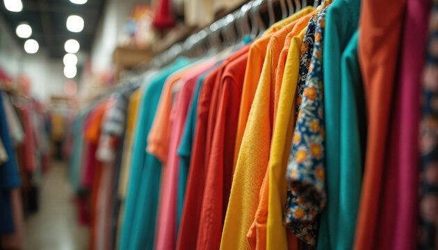 Colorful clothes hang on rack in second hand clothing shop. Bright garments for sale in thrift store. Retail display shows diverse fashion items for everyone. Many shirts, dresses available at great