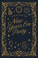 Luxury Dark Blue and Gold Ornamental New Years Eve Party Invitation Poster with Festive Icons