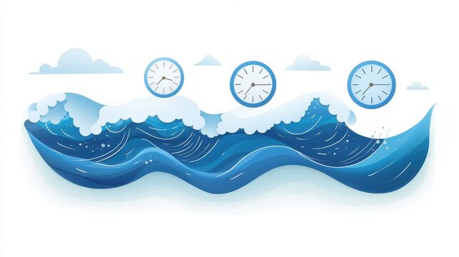 Blue sky and ocean landscape with waves clouds and sun cartoon illustration