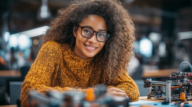Smiling student builds innovative robotic project in bright lab for STEM education, showcasing her creativity and passion for technology in a modern world