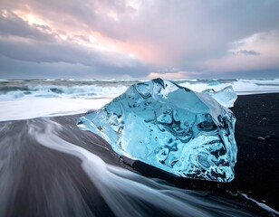 Large, radiant ice chunk on a black sand beach with foamy waves