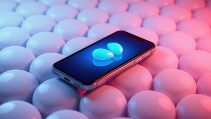 Futuristic smartphone on pastel glossy spheres background