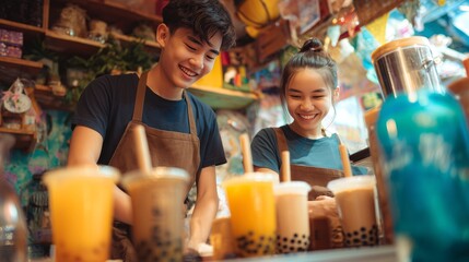 Smiling young entrepreneurs crafting flavorful bubble tea for happy customers in their trendy cafe shop, offering refreshing drinks and friendly service