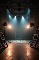 Fototapeta premium Dark empty movie set features bright stage lighting. Blue, orange spotlights shine through haze onto wooden floor. Pro studio production equipment, ladders, tech stands ready for filming, event, show.