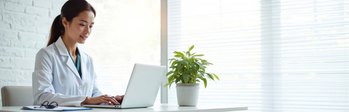 Young Asian female doctor works on laptop in modern clinic office. Types on computer, reviews patient medical info. Professional woman uses technology for health records at white desk with plant. - Powered by Adobe