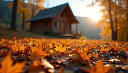 Charming wooden cabin nestled in vibrant autumn forest during peak fall season. Bright orange, yellow maple leaves cover ground, bathed in golden light. Warm sunlight illuminates rustic house,