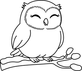 Cute Smiling Baby Owl Sitting on a Tree Branch, Black and White Line Art Cartoon Vector
