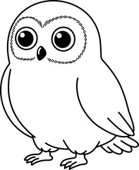 Simple Cute Baby Owl Standing Alone, Black and White Line Art Cartoon Vector Illustration