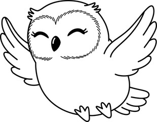 Cute Baby Owl Flying with Wings Spread, Black and White Line Art Cartoon Vector Illustration
