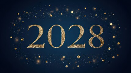 Golden 2028 New Year Celebration with Glittering Stars on Dark Blue Background.
