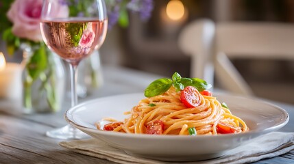 Pasta with Tomato Sauce, Basil, and RosÃ© Glass on Wooden Tabletop